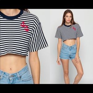 Cropped Tshirt Nautical ANCHOR Sailor Striped Crop Top Vintage Tee Small